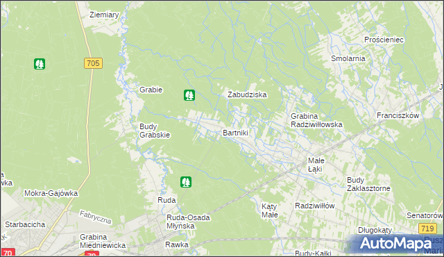 mapa Bartniki gmina Puszcza Mariańska, Bartniki gmina Puszcza Mariańska na mapie Targeo