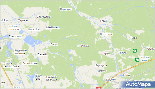 mapa Śródlesie gmina Kochanowice, Śródlesie gmina Kochanowice na mapie Targeo