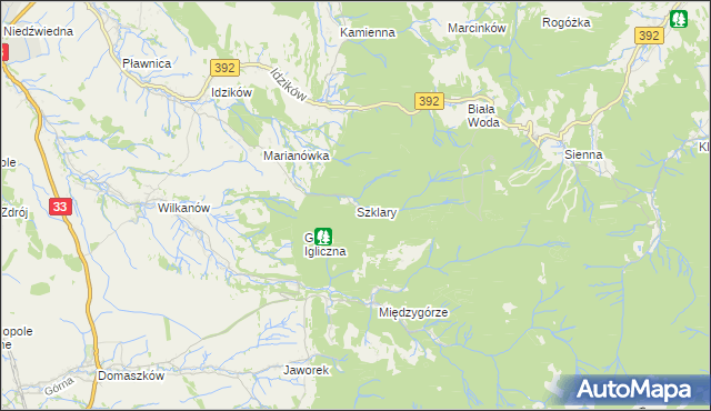 mapa Szklary gmina Bystrzyca Kłodzka, Szklary gmina Bystrzyca Kłodzka na mapie Targeo