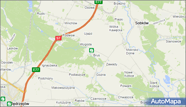 mapa Brus gmina Jędrzejów, Brus gmina Jędrzejów na mapie Targeo