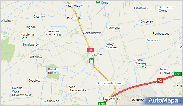 mapa Guzów gmina Wiskitki, Guzów gmina Wiskitki na mapie Targeo