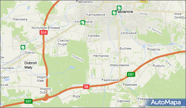 mapa Hermanów gmina Pabianice, Hermanów gmina Pabianice na mapie Targeo
