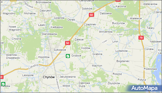 mapa Kozłów gmina Chynów, Kozłów gmina Chynów na mapie Targeo