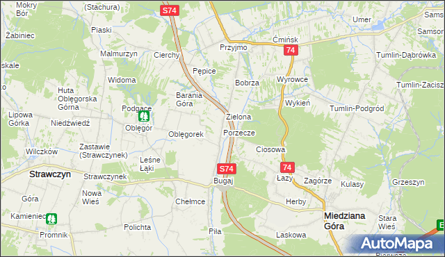 mapa Porzecze gmina Miedziana Góra, Porzecze gmina Miedziana Góra na mapie Targeo