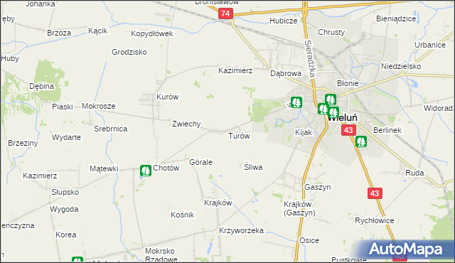 mapa Turów gmina Wieluń, Turów gmina Wieluń na mapie Targeo