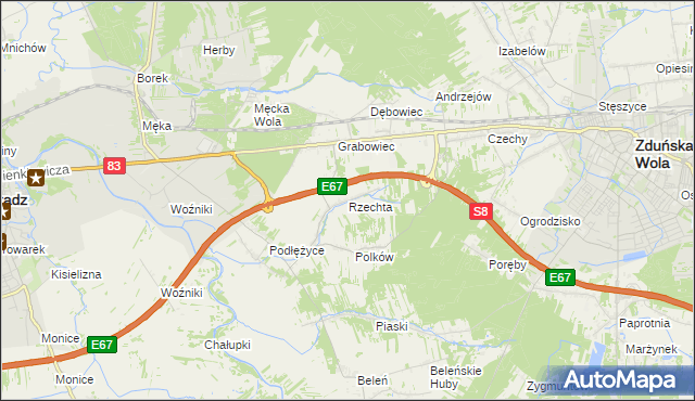 mapa Rzechta gmina Sieradz, Rzechta gmina Sieradz na mapie Targeo