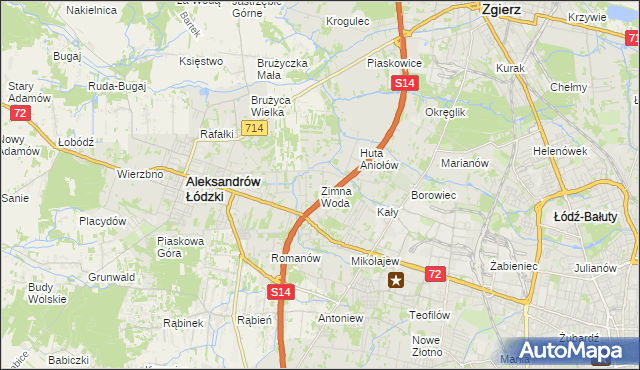 mapa Zimna Woda gmina Łódź, Zimna Woda gmina Łódź na mapie Targeo