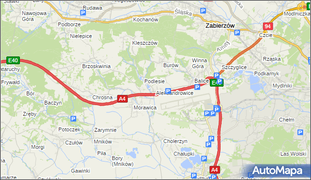 mapa Aleksandrowice gmina Zabierzów, Aleksandrowice gmina Zabierzów na mapie Targeo
