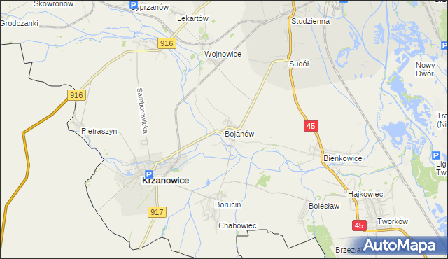 mapa Bojanów gmina Krzanowice, Bojanów gmina Krzanowice na mapie Targeo