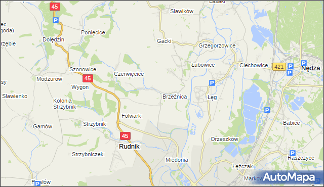 mapa Brzeźnica gmina Rudnik, Brzeźnica gmina Rudnik na mapie Targeo