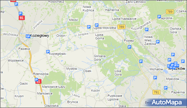 mapa Gliniana Góra gmina Koziegłowy, Gliniana Góra gmina Koziegłowy na mapie Targeo