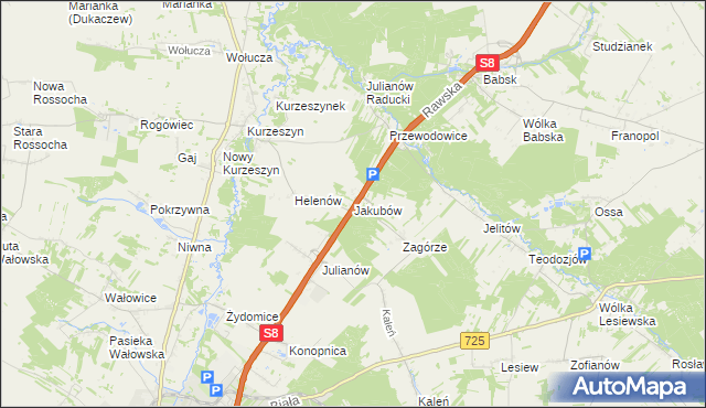mapa Jakubów gmina Rawa Mazowiecka, Jakubów gmina Rawa Mazowiecka na mapie Targeo