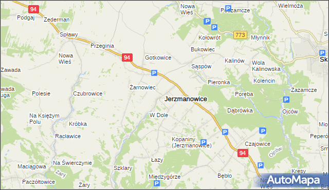 mapa Jerzmanowice gmina Jerzmanowice-Przeginia, Jerzmanowice gmina Jerzmanowice-Przeginia na mapie Targeo