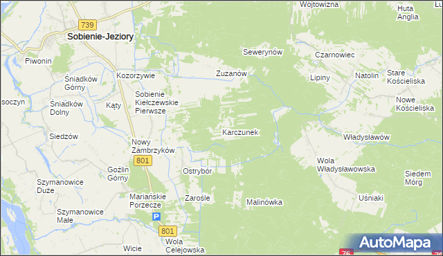 mapa Karczunek gmina Sobienie-Jeziory, Karczunek gmina Sobienie-Jeziory na mapie Targeo