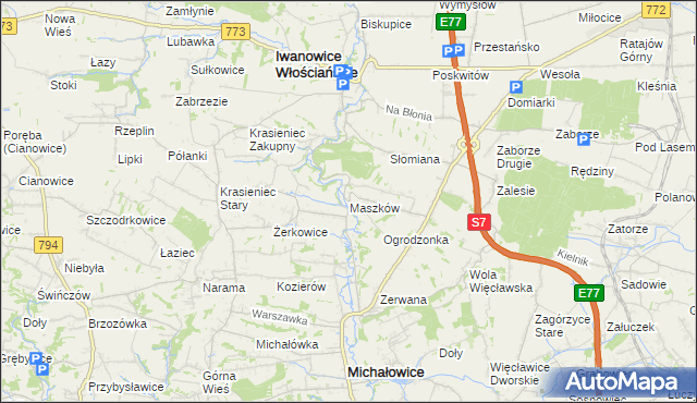 mapa Maszków gmina Iwanowice, Maszków gmina Iwanowice na mapie Targeo
