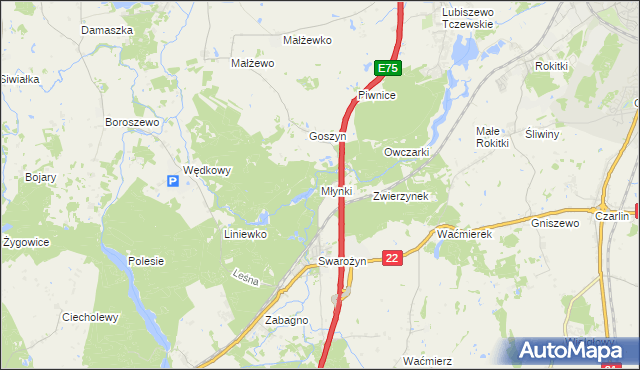 mapa Młynki gmina Tczew, Młynki gmina Tczew na mapie Targeo