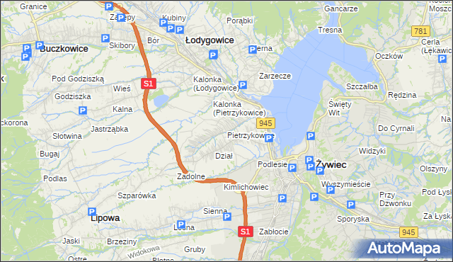 mapa Pietrzykowice gmina Łodygowice, Pietrzykowice gmina Łodygowice na mapie Targeo