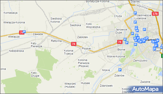 mapa Płoskie gmina Zamość, Płoskie gmina Zamość na mapie Targeo