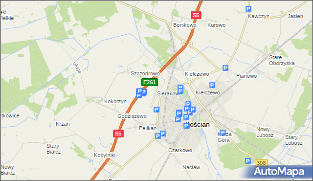 mapa Sierakowo gmina Kościan, Sierakowo gmina Kościan na mapie Targeo