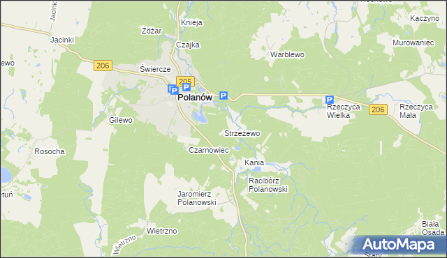 mapa Strzeżewo gmina Polanów, Strzeżewo gmina Polanów na mapie Targeo