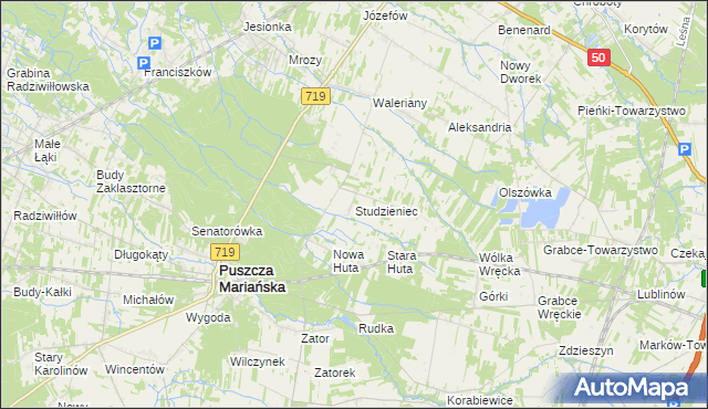 mapa Studzieniec gmina Puszcza Mariańska, Studzieniec gmina Puszcza Mariańska na mapie Targeo