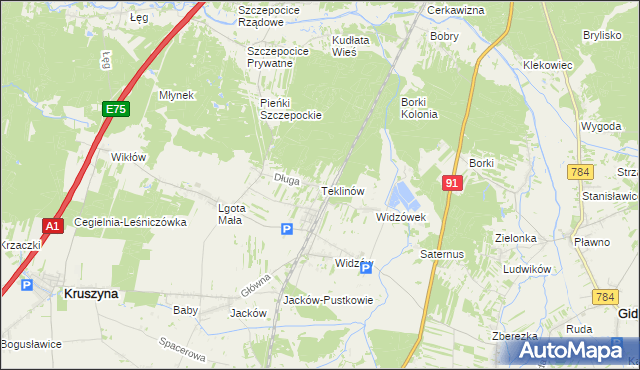 mapa Teklinów gmina Kruszyna, Teklinów gmina Kruszyna na mapie Targeo