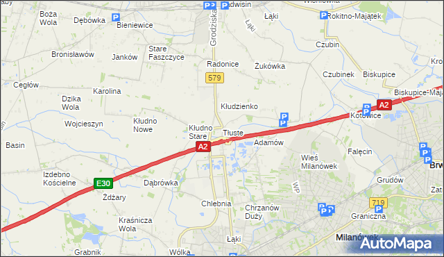 mapa Tłuste gmina Grodzisk Mazowiecki, Tłuste gmina Grodzisk Mazowiecki na mapie Targeo