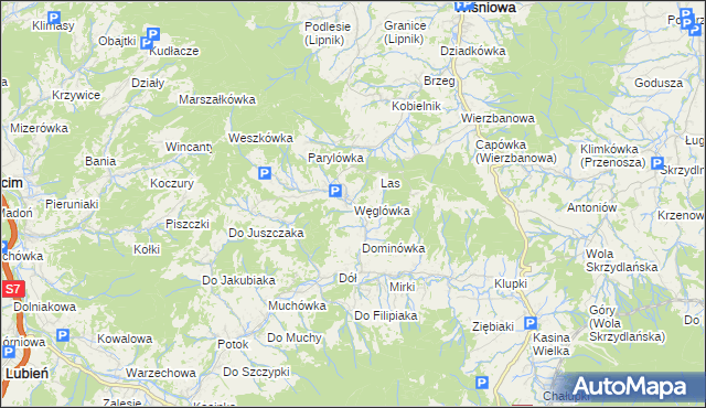 mapa Węglówka gmina Wiśniowa, Węglówka gmina Wiśniowa na mapie Targeo