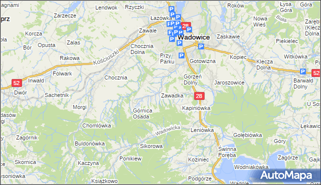 mapa Zawadka gmina Wadowice, Zawadka gmina Wadowice na mapie Targeo