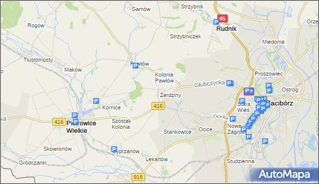 mapa Żerdziny gmina Pietrowice Wielkie, Żerdziny gmina Pietrowice Wielkie na mapie Targeo