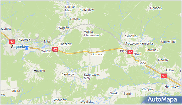 mapa Odrowąż gmina Stąporków, Odrowąż gmina Stąporków na mapie Targeo