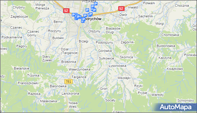 mapa Sułkowice gmina Andrychów, Sułkowice gmina Andrychów na mapie Targeo