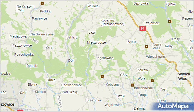 mapa Będkowice gmina Wielka Wieś, Będkowice gmina Wielka Wieś na mapie Targeo
