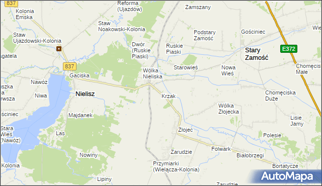mapa Krzak gmina Nielisz, Krzak gmina Nielisz na mapie Targeo
