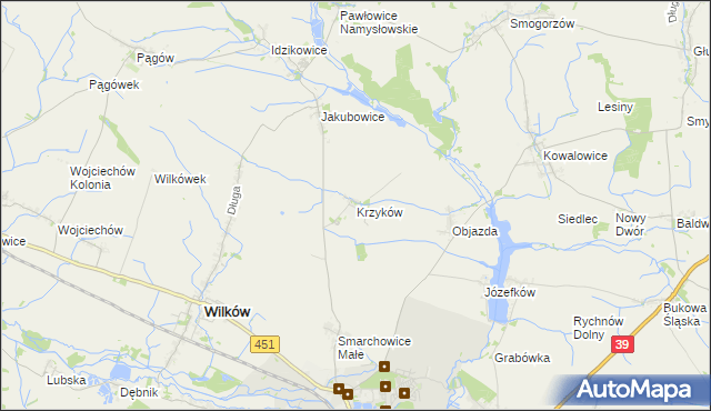 mapa Krzyków gmina Wilków, Krzyków gmina Wilków na mapie Targeo