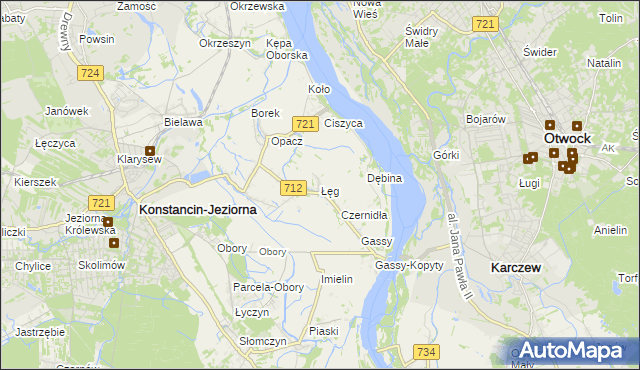 mapa Łęg gmina Konstancin-Jeziorna, Łęg gmina Konstancin-Jeziorna na mapie Targeo