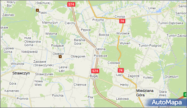 mapa Porzecze gmina Miedziana Góra, Porzecze gmina Miedziana Góra na mapie Targeo