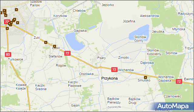 mapa Psary gmina Przykona, Psary gmina Przykona na mapie Targeo