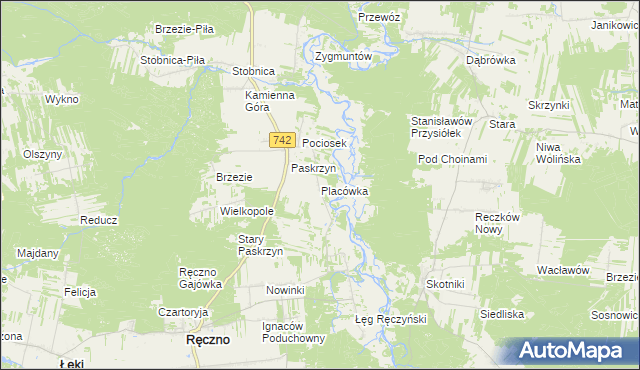 mapa Placówka gmina Ręczno, Placówka gmina Ręczno na mapie Targeo