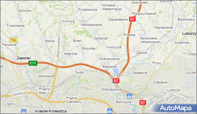 mapa Dziekanowice gmina Zielonki, Dziekanowice gmina Zielonki na mapie Targeo