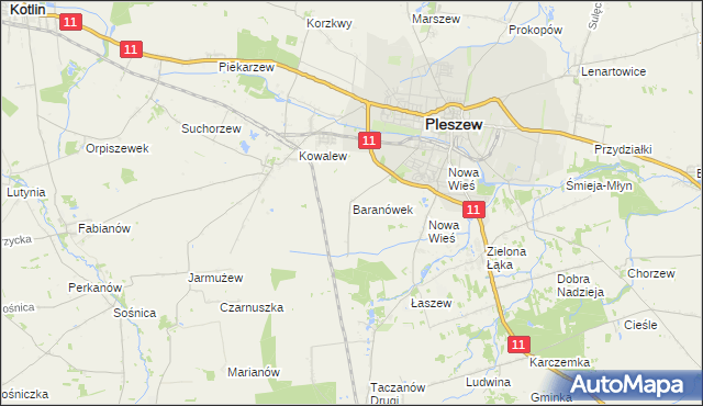 mapa Baranówek gmina Pleszew, Baranówek gmina Pleszew na mapie Targeo