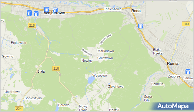 mapa Gniewowo gmina Wejherowo, Gniewowo gmina Wejherowo na mapie Targeo