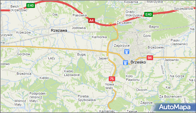 mapa Jasień gmina Brzesko, Jasień gmina Brzesko na mapie Targeo