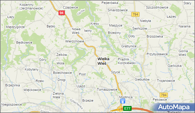 mapa Wielka Wieś powiat krakowski, Wielka Wieś powiat krakowski na mapie Targeo