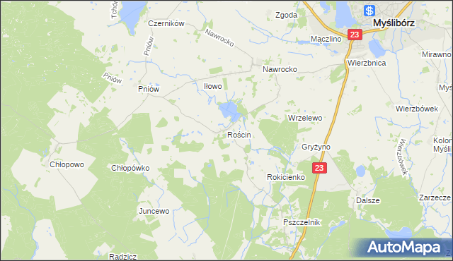 mapa Rościn gmina Myślibórz, Rościn gmina Myślibórz na mapie Targeo