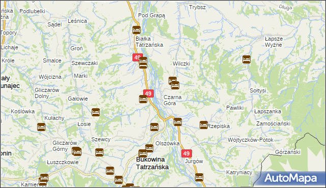 mapa Czarna Góra gmina Bukowina Tatrzańska, Czarna Góra gmina Bukowina Tatrzańska na mapie Targeo