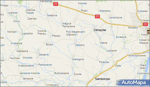 mapa Dębiany gmina Obrazów, Dębiany gmina Obrazów na mapie Targeo