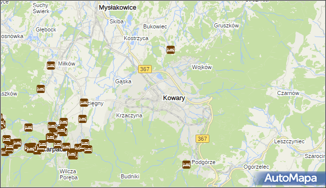mapa Kowary powiat jeleniogórski, Kowary powiat jeleniogórski na mapie Targeo