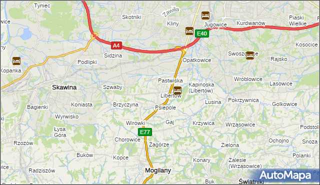 mapa Libertów gmina Mogilany, Libertów gmina Mogilany na mapie Targeo