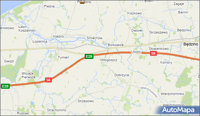 mapa Miłogoszcz gmina Będzino, Miłogoszcz gmina Będzino na mapie Targeo